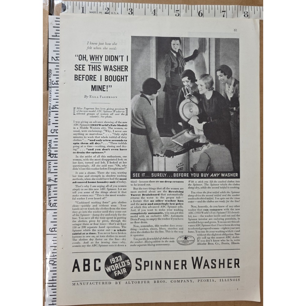 1933 ABC World's Fair Spinner Washer Advertisement Vintage Retro Home Appliance